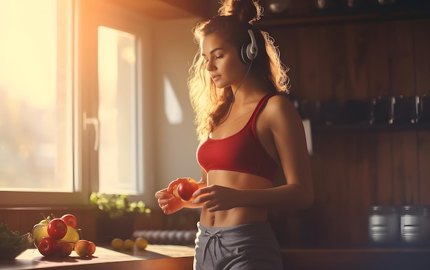 Donna atletica che prepara un frullato con verdure e frutta che ascolta musica