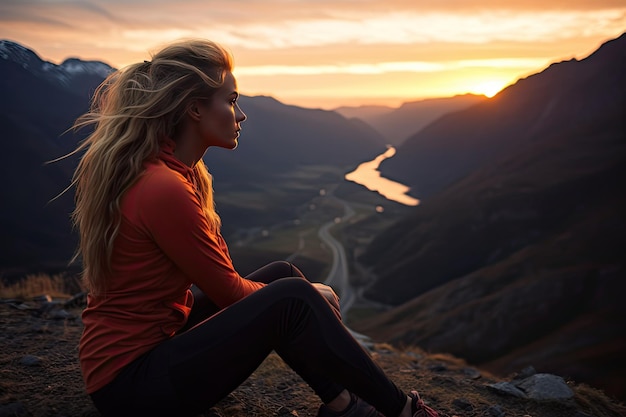 Donna atletica che si rilassa dopo l'allenamento in montagna al tramonto Corridore in forma che riposa in abbigliamento sportivo