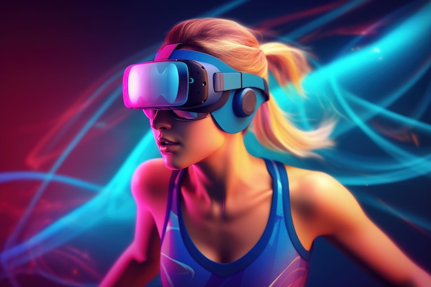 Donna atletica piuttosto sottile che si allena con occhiali VR, illustrazione di fantasia, sportiva caucasica che si esercita con casco di realtà virtuale, sport e fitness del futuro, IA generativa.