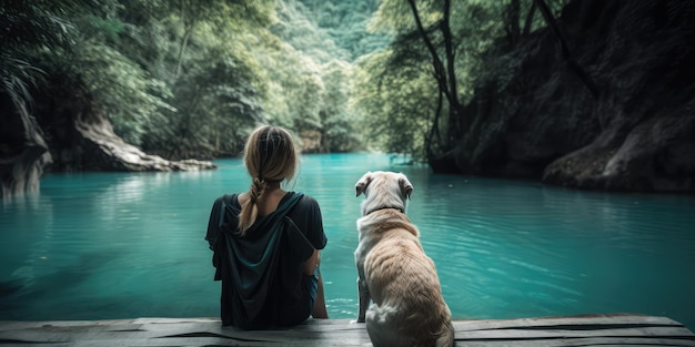 Donna attiva che fa un'escursione alla cascata con il cane labrador retriever