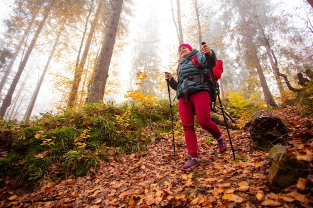 Donna attiva che fa un'escursione nella bella foresta di caduta