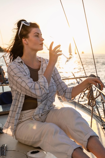 Donna attraente che beve vino e si rilassa su una barca a vela durante la navigazione in mare