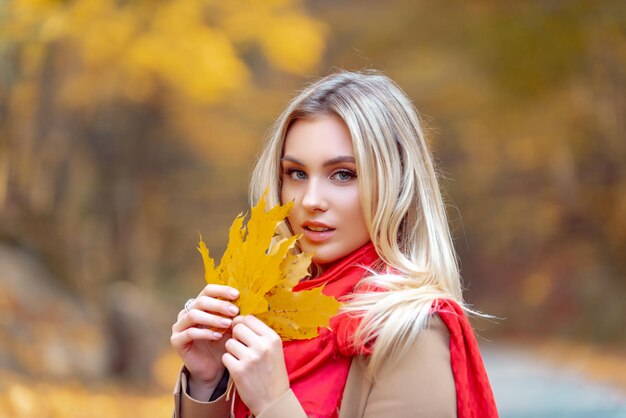 Donna attraente che tiene foglie gialle cadute ragazza che indossa una sciarpa calda e accogliente rossa brillante da vicino