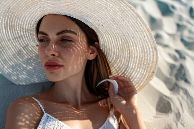 Donna attraente con la pelle sana che applica la crema solare alla spalla e indossa un cappello bianco