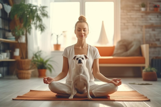 Donna attraente in forma che fa yoga e medita a casa con il suo cane