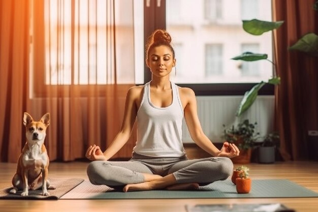 Donna attraente in forma che fa yoga e medita a casa con il suo cane