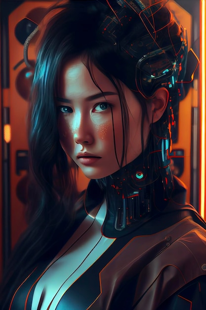 Donna attraente in un abito futuristico cyberpunk AIGenerated