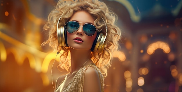 Donna attraente in un dj headphonesand occhiali da sole