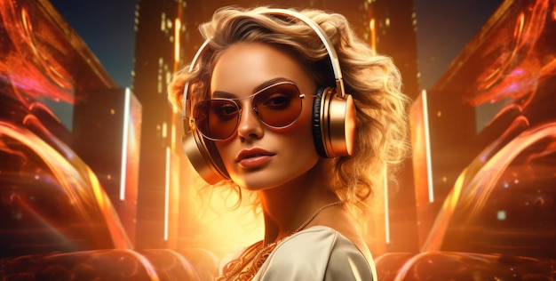 Donna attraente in un dj headphonesand occhiali da sole