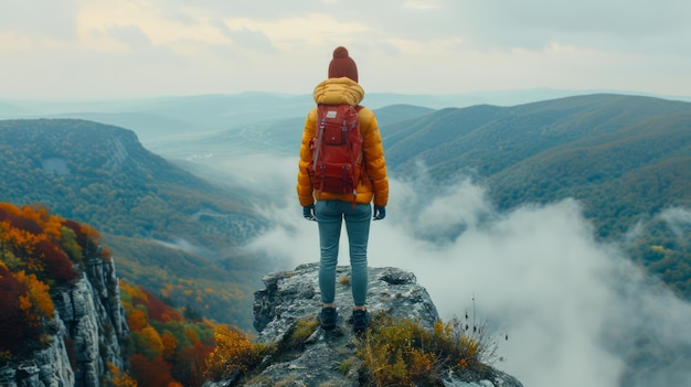 Donna avventurosa in piedi sulla vetta della montagna con vista sulla valle nebbiosa durante la stagione autunnale da sola