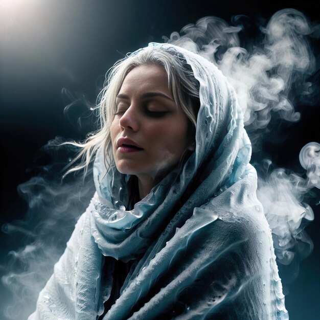 Donna avvolta in una coperta a temperature gelide congelata e fredda coperta di ghiaccio