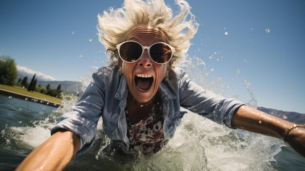 Donna babyboomer che si tuffa nel lago