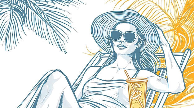 Donna bella e sicura in cappello che si rilassa sulla sedia da spiaggia e si gode di una bevanda tropicale Vacanze estive e concetto di viaggio Illustrazione vettoriale