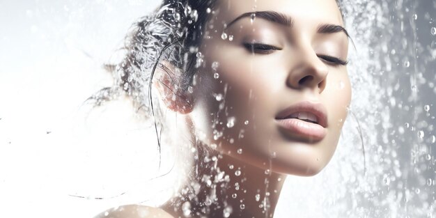 Donna bella in doccia fresca su sfondo bianco