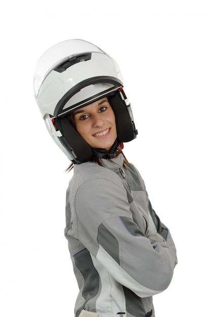 Donna bella motociclista urbano con un casco