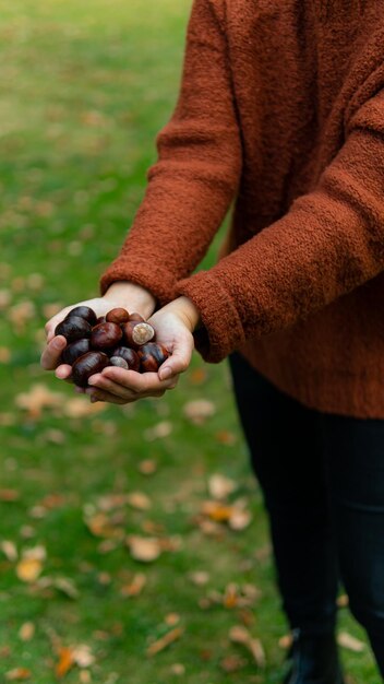 Donna bianca che indossa un maglione arancione che mostra un mazzo di castagne Vista verticale della composizione autunnale