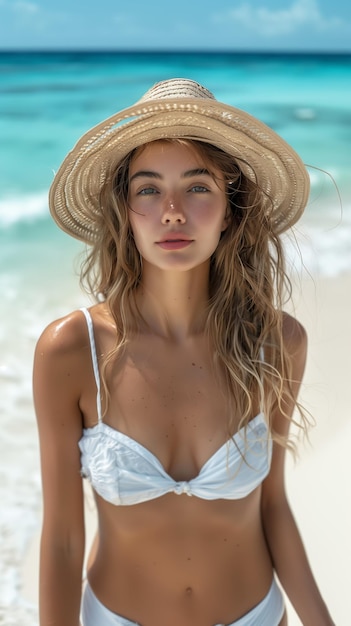 Donna bionda attraente che indossa un cappello e un bikini bianco sulla spiaggia tropicale