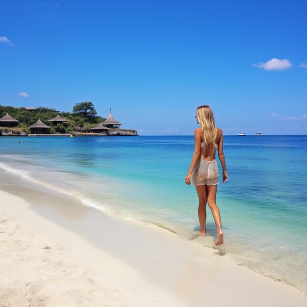 Donna bionda che cammina su una spiaggia tropicale