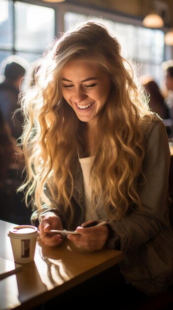 Donna bionda che sorride mentre guarda il suo telefono