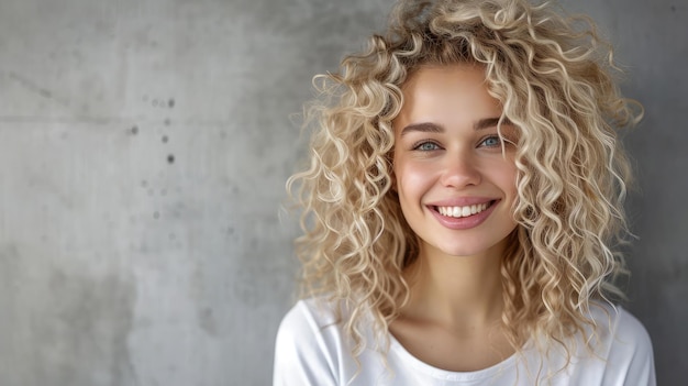 Donna bionda con bei capelli ricci sorridente su sfondo grigio