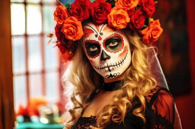 Donna bionda con il trucco di teschio di zucchero sulla faccia Festa messicana Dia de los Muertos o Giorno dei Morti