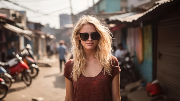 Donna bionda con occhiali da sole in una strada dei bassifondi generata dall'intelligenza artificiale