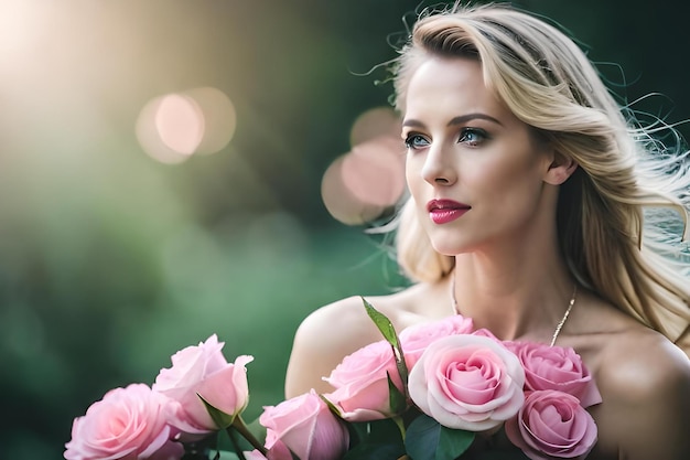 Donna bionda con un bouquet di rose