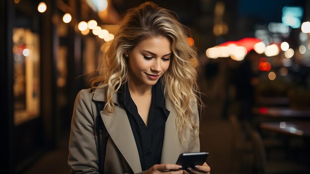 donna bionda con una camicia nera e un cappotto abbronzato che guarda il suo telefono AI generativa