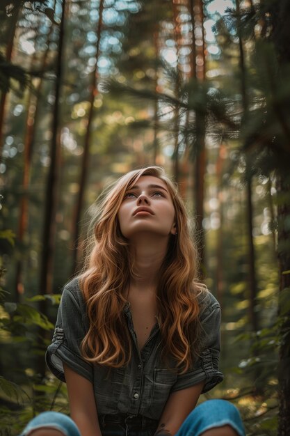 Donna bionda seduta nella foresta