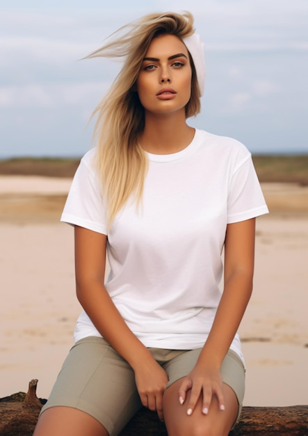 Donna bionda sulla spiaggia che indossa una maglietta bianca vuota mockup surfer boho ragazza con semplice tee bianco