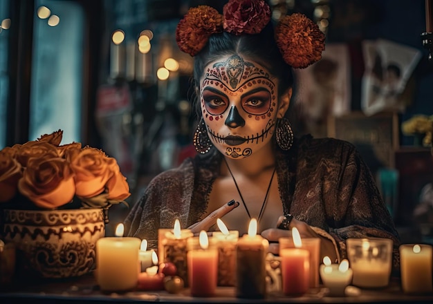 Donna bodypaint nel giorno della morte fantasma decorare con fiori che tengono a lume di candela ai generativa