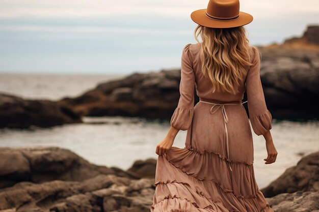 Donna boho chic con un vestito lungo e un cappello di feltro in piedi Generative Ai