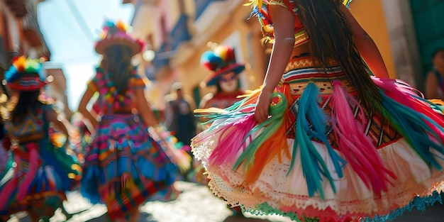 Donna boliviana in abbigliamento tradizionale balla con una colorata maschera di piume al carnevale di strada Concetto Celebrazione culturale Abbigliamento tradizionale Carnevale di strada Donna boloviana Maschera colorata di piume