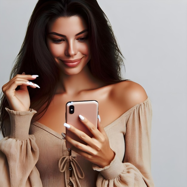 Donna bruna con il telefono sullo sfondo isolato Perfetto per la pubblicità o i social media