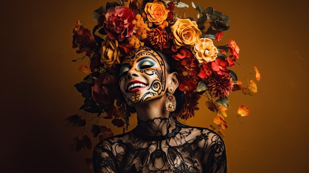 Donna bruna con Sugar Skull Face Paint che indossa una giacca di pelle su uno sfondo colorato AI generativa