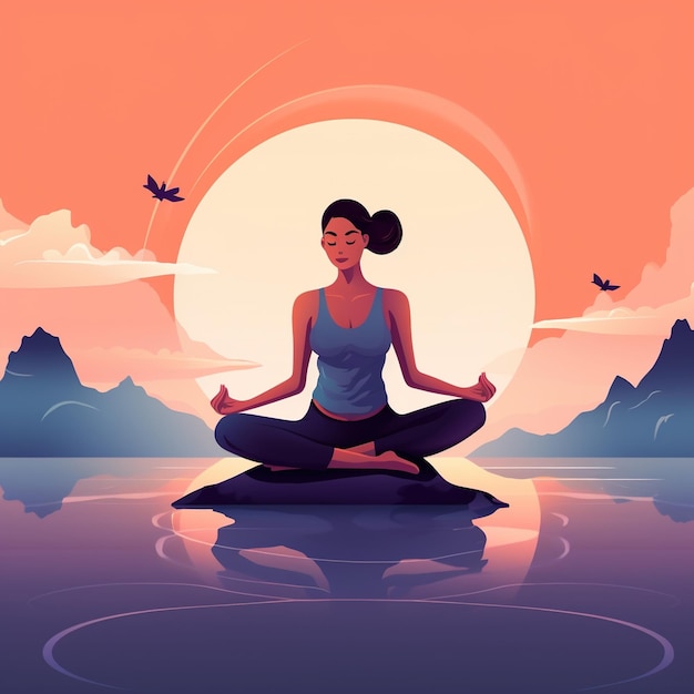 Donna calma e pacifica che medita su una roccia in mezzo a un lago al tramonto