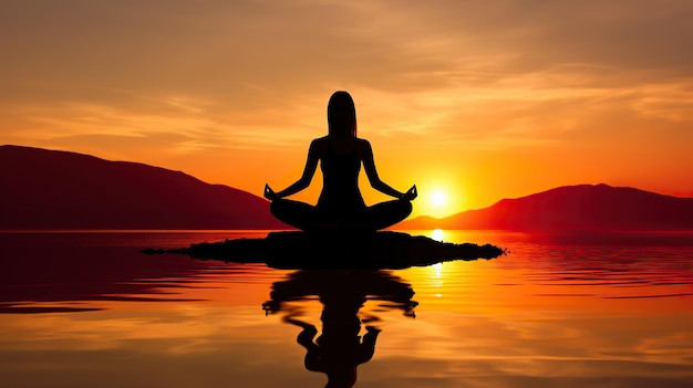 Donna calma pratica dello Yoga Godetevi la pace terapia antistress meditazione consapevolezza energia positiva postura del loto IA generativa