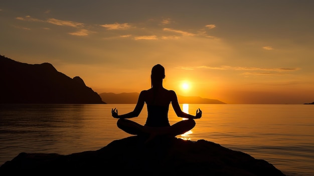 Donna calma pratica dello Yoga Goditi la pace terapia antistress consapevolezza meditazione energia positiva posa del loto IA generativa