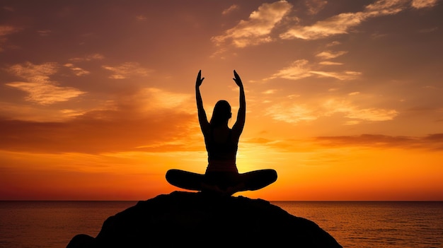 Donna calma pratica dello Yoga Goditi la pace terapia antistress consapevolezza meditazione energia positiva posa del loto IA generativa