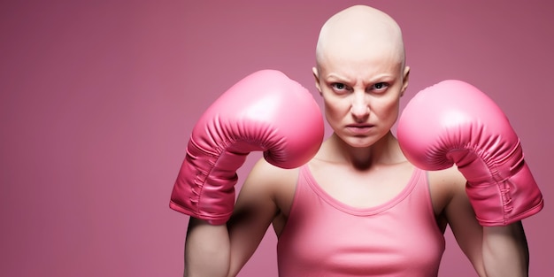 donna calva con guantoni da boxe rosa pronta a combattere il cancro al seno