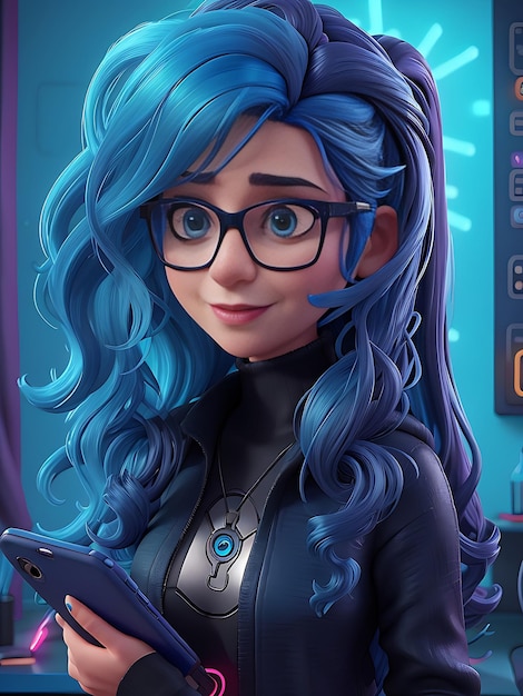 Donna capelli blu occhiali incorniciati rockstar futuristico neon lunghi capelli ondulati cellulare sfondo