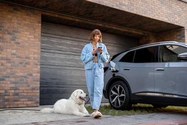 Donna carica un'auto elettrica vicino a una casa