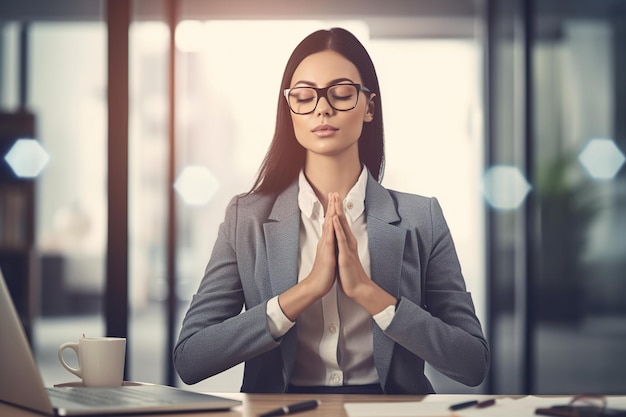 Donna carina seduta in una postura di meditazione con gli occhi chiusi e un sorriso in un ufficio moderno che può evocare un senso di consapevolezza, rilassamento ed equilibrio tra lavoro e vita privata IA generativa