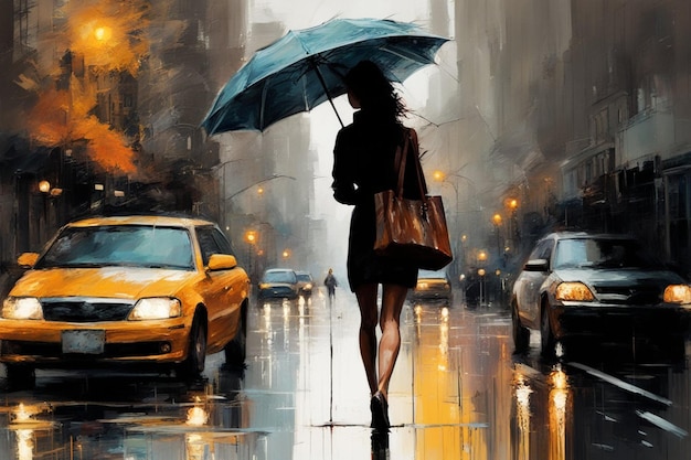 Donna caucasica alta ed elegante d'affari con scarpe a tacco alto con ombrello rosso nella città di New York