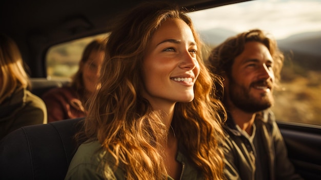 Donna caucasica che guida un'auto guardando attraverso la finestra durante il viaggio