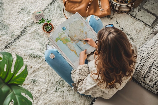 donna caucasica che pianifica il viaggio di vacanza con una mappa.