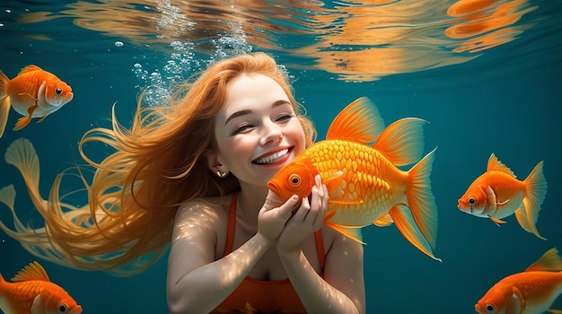 Donna caucasica con un pesce rosso che sorride sott'acqua