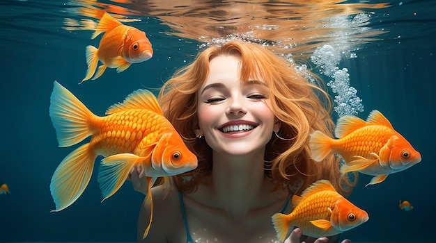 Donna caucasica con un pesce rosso che sorride sott'acqua
