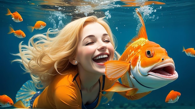 Donna caucasica con un pesce rosso che sorride sott'acqua