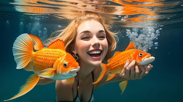 Donna caucasica con un pesce rosso che sorride sott'acqua